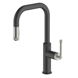 Modern black kitchen faucet on transparent background.