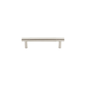 Modern metal cabinet handle on white background.