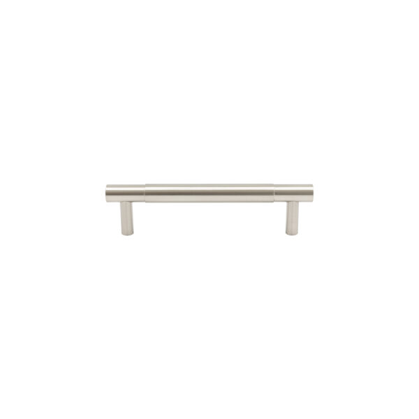 Modern metal cabinet handle on white background.