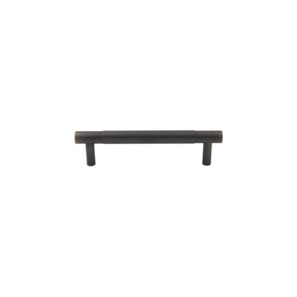 Modern brushed black horizontal cabinet pull handle on a white background.