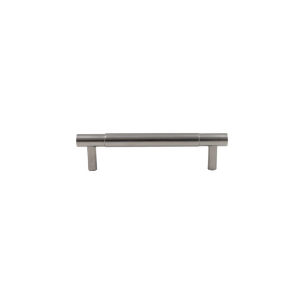 Modern brushed silver horizontal cabinet pull handle on a white background.