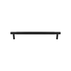 Modern brushed black horizontal cabinet pull handle on a white background.