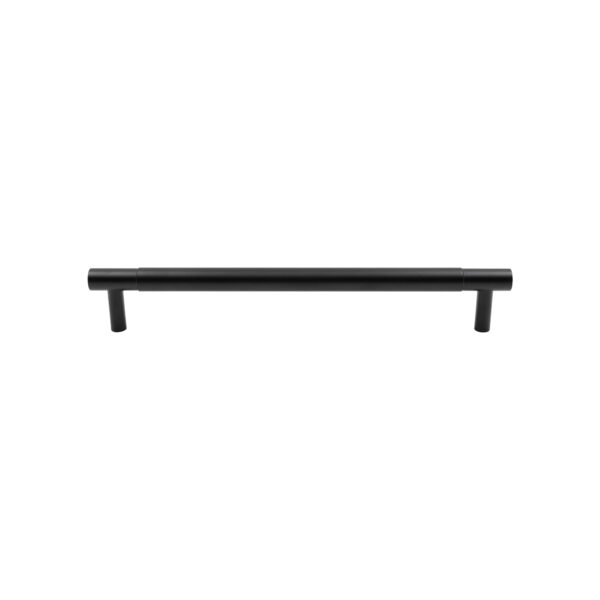 Modern brushed black horizontal cabinet pull handle on a white background.