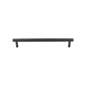 Modern brushed black horizontal cabinet pull handle on a white background.