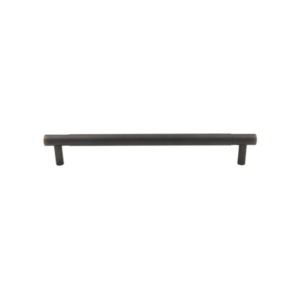 Modern brushed black horizontal cabinet pull handle on a white background.