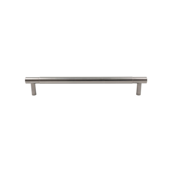 Modern brushed silver horizontal cabinet pull handle on a white background.