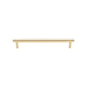 Modern brushed golden horizontal cabinet pull handle on a white background.