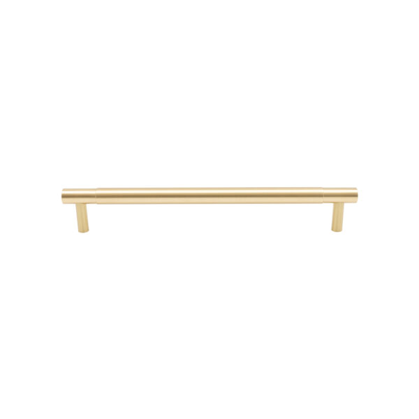 Modern brushed golden horizontal cabinet pull handle on a white background.