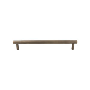 Modern brushed brown horizontal cabinet pull handle on a white background.