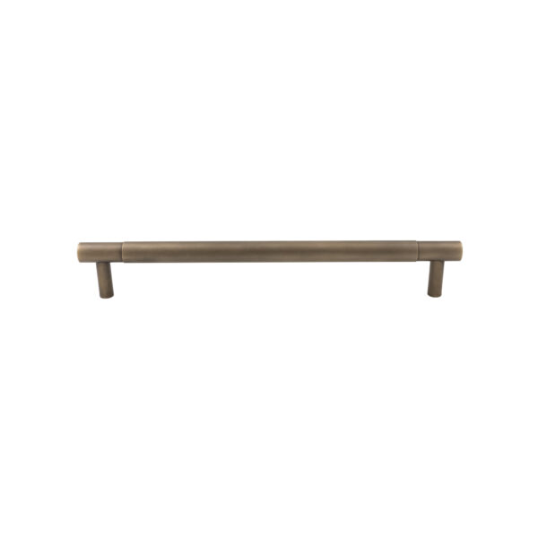 Modern brushed brown horizontal cabinet pull handle on a white background.