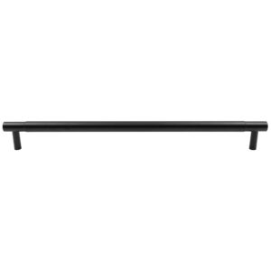 Modern brushed black horizontal cabinet pull handle on a white background.