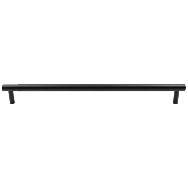 Modern brushed black horizontal cabinet pull handle on a white background.