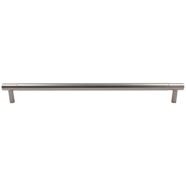 Modern brushed silver horizontal cabinet pull handle on a white background.