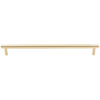 Modern brushed golden horizontal cabinet pull handle on a white background.