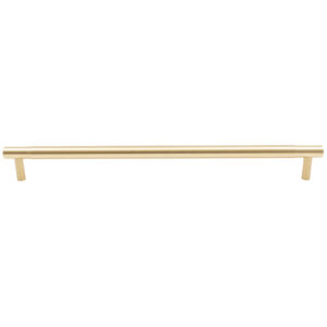 Modern brushed golden horizontal cabinet pull handle on a white background.