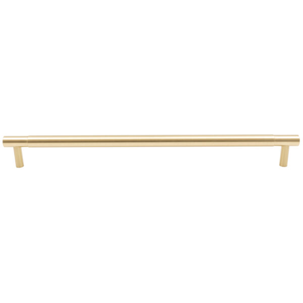 Modern brushed golden horizontal cabinet pull handle on a white background.