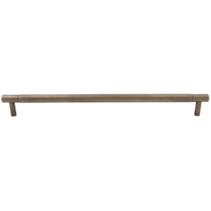 Modern brushed brass horizontal cabinet pull handle on a white background.