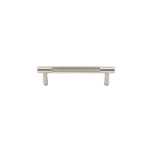 Modern brushed silver metal drawer pull handle on white background.