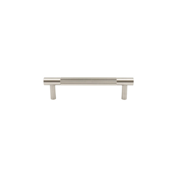 Modern brushed silver metal drawer pull handle on white background.