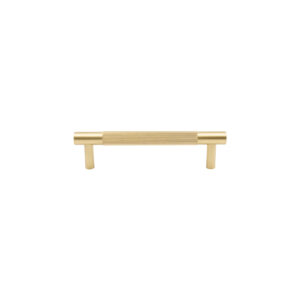 Modern brushed golden-colored metal drawer pull handle on white background.