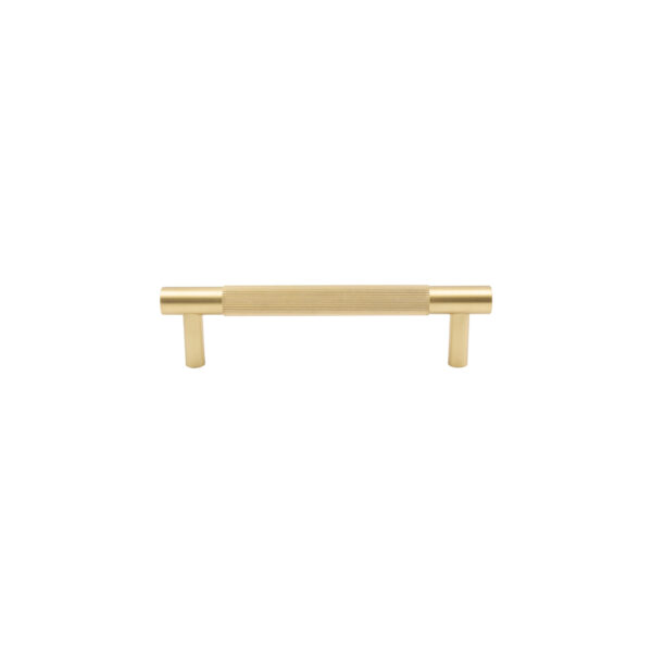 Modern brushed golden-colored metal drawer pull handle on white background.