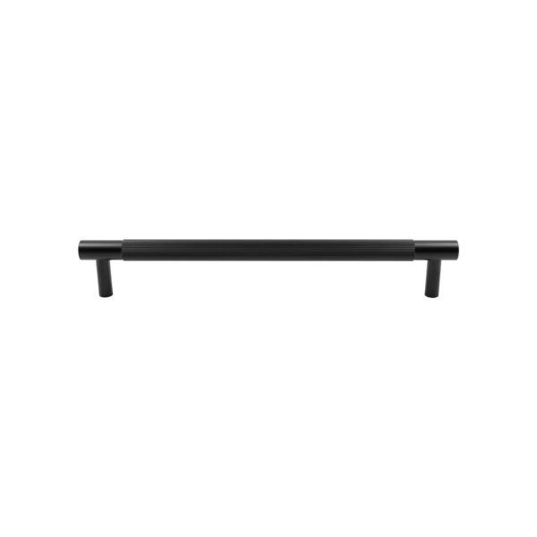 Modern brushed black colored metal drawer pull handle isolated on white background.