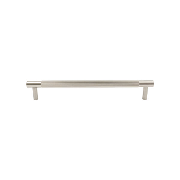 Modern brushed metal drawer pull handle isolated on white background.