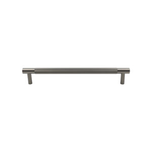 Modern brushed dark grey colored metal drawer pull handle isolated on white background.