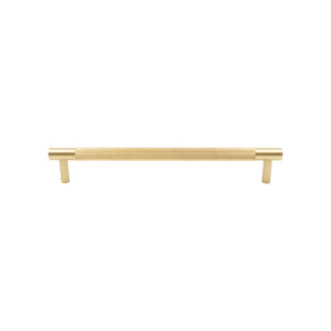 Modern brushed golden colored metal drawer pull handle isolated on white background.