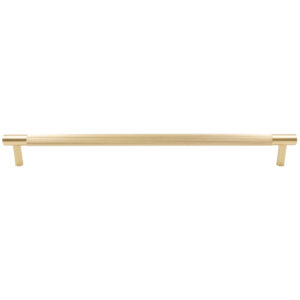 Modern brushed golden metal drawer pull handle isolated on white background.