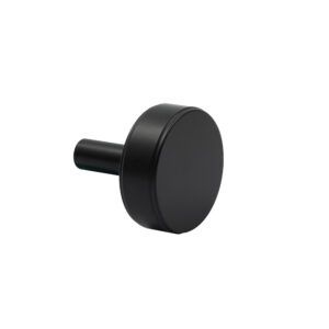 Black cabinet knob on a white background.