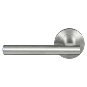 Stainless steel door handle on a white background, ideal for modern home and office use.